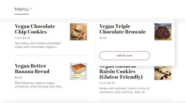 Clarke's Cakes & Cookies implements Hick's Law by adding an "Add to Cart" button when a user hovers over a menu item